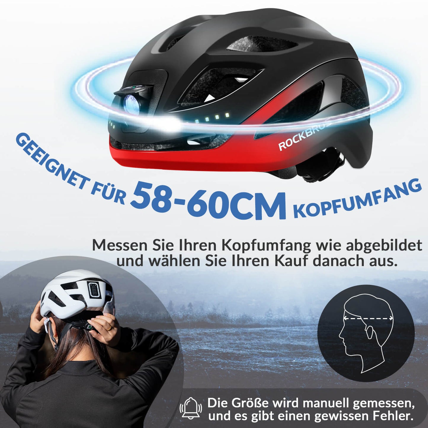ROCKBROS Fahrradhelm mit Licht, mit USB 1800 mAh Atmungsaktiv 58-60 cm