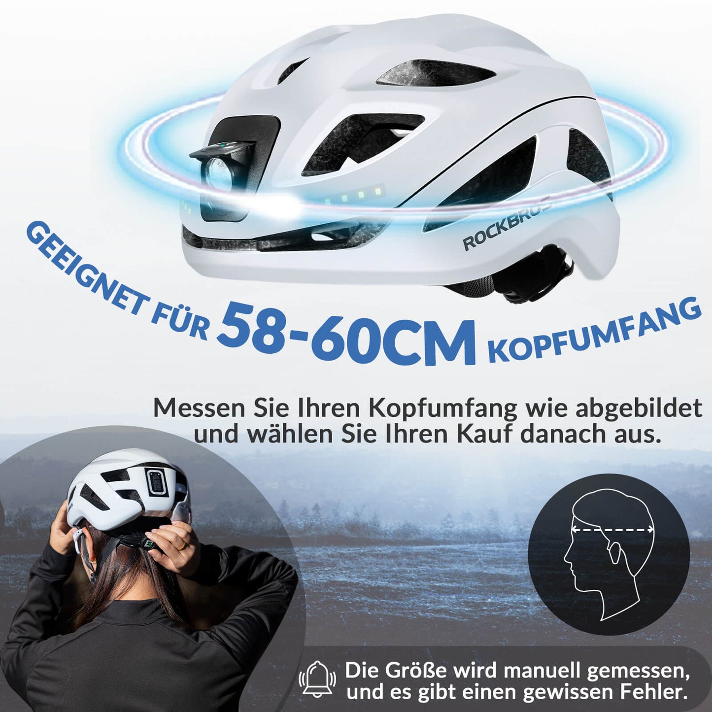 ROCKBROS Fahrradhelm mit Licht, mit USB 1800 mAh Atmungsaktiv 58-60 cm