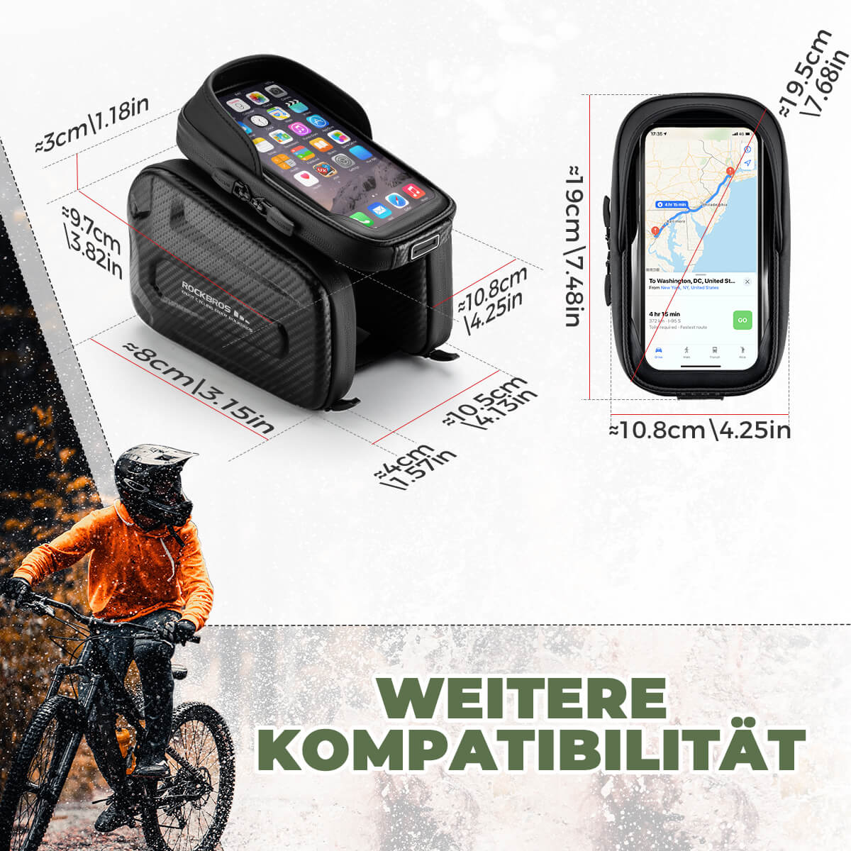 ROCKBROS Oberrohrtasche für Smartphone mit Lichtschutz und Seitentaschen