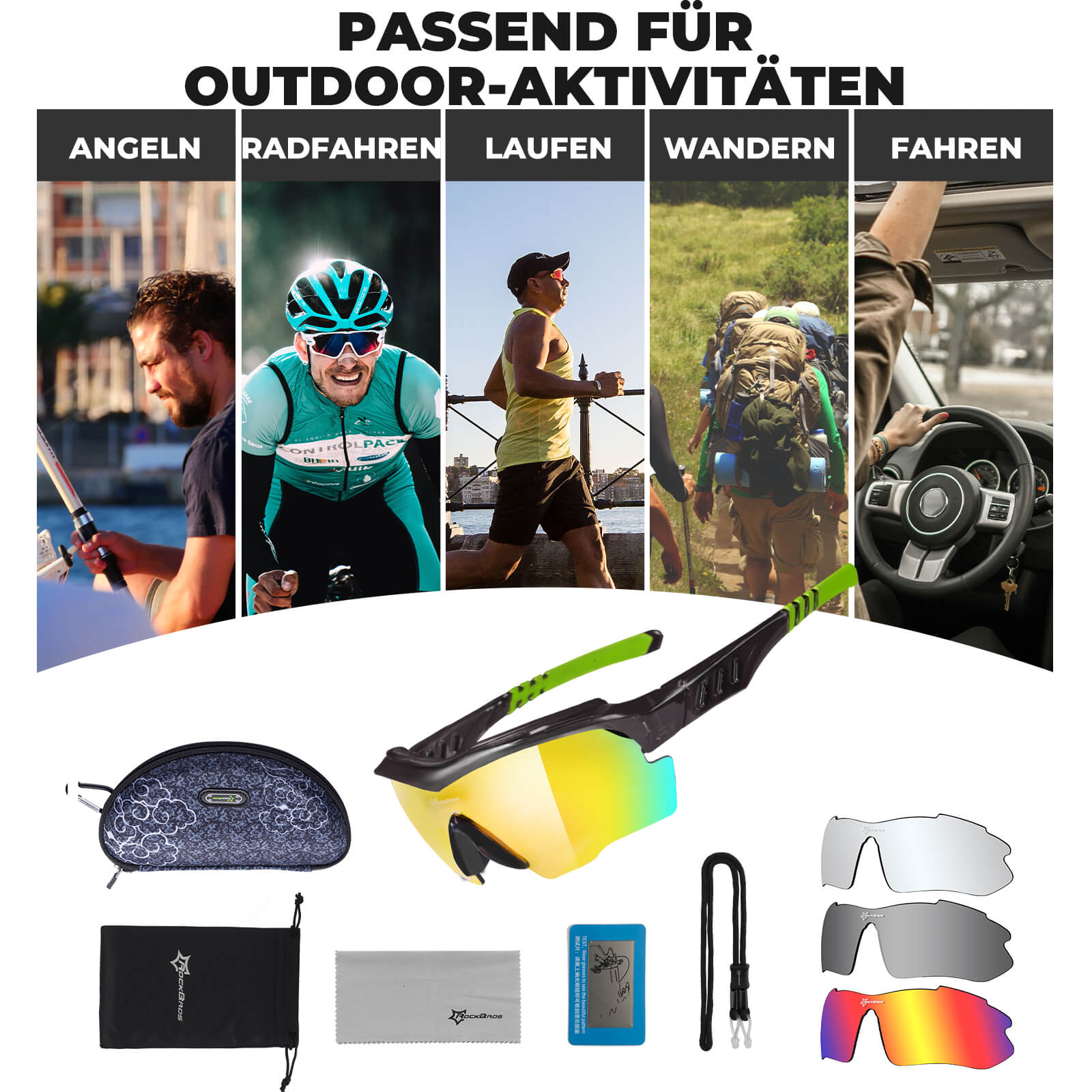 ROCKBROS Polarisierte Fahrradbrille mit wechselbaren Gläsern UV-Schutz Unisex