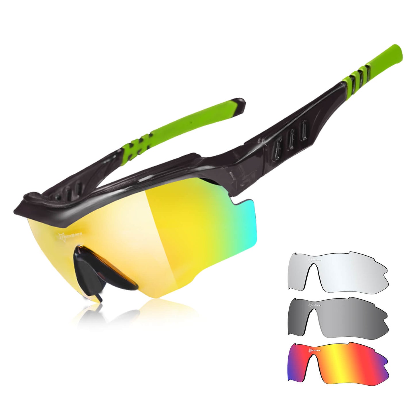 ROCKBROS Polarisierte Fahrradbrille mit wechselbaren Gläsern UV-Schutz Unisex-Schwarz-Grün