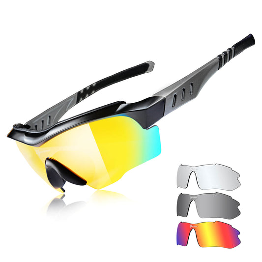 ROCKBROS Polarisierte Fahrradbrille mit wechselbaren Gläsern UV-Schutz Unisex-Schwarz-Schwarz-Grau