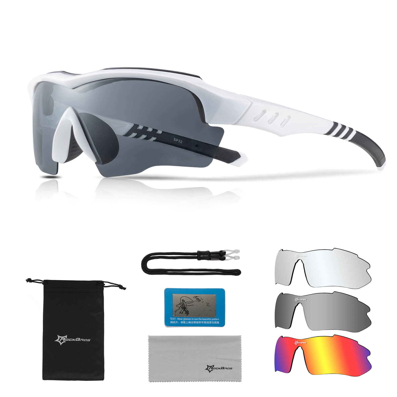 ROCKBROS Polarisierte Fahrradbrille mit wechselbaren Gläsern UV-Schutz Unisex-Schwarz-Weiß