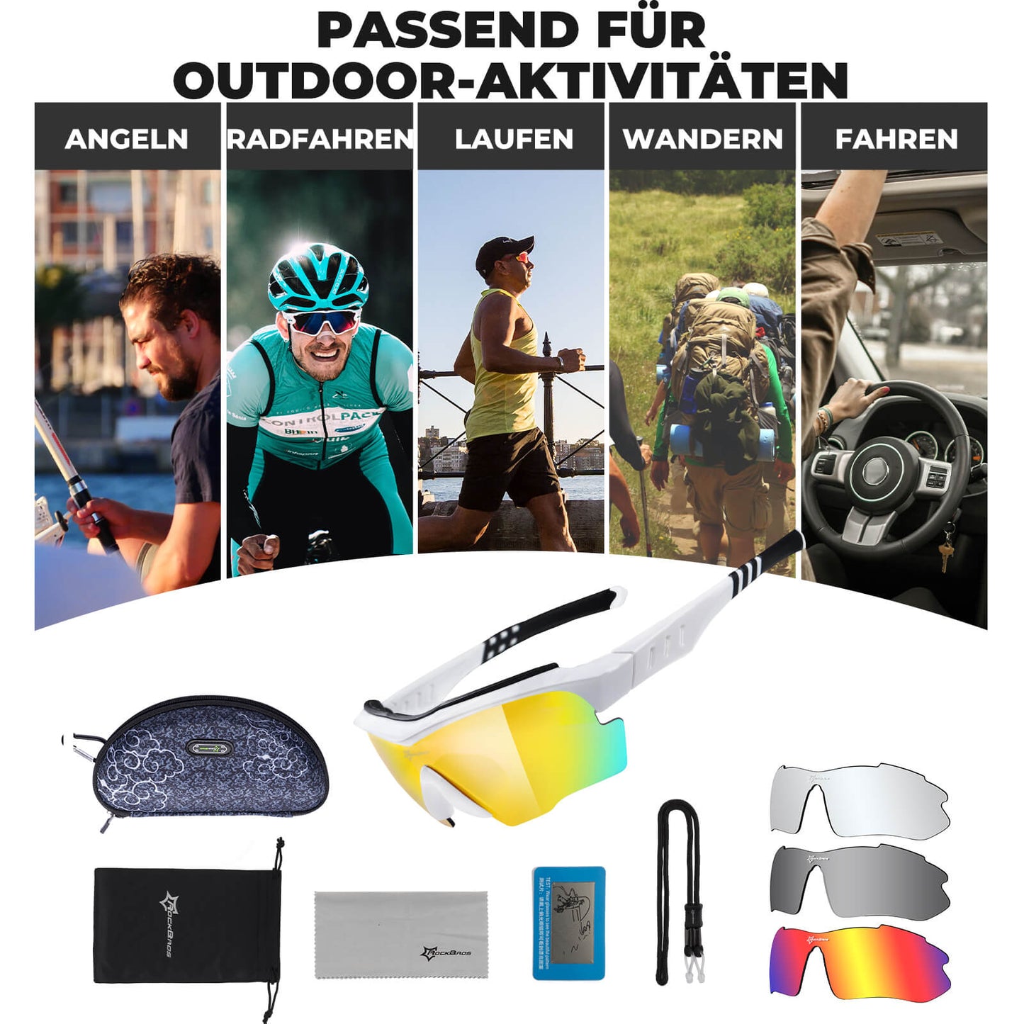 ROCKBROS Polarisierte Fahrradbrille mit wechselbaren Gläsern UV-Schutz Unisex-Schwarz-Weiß