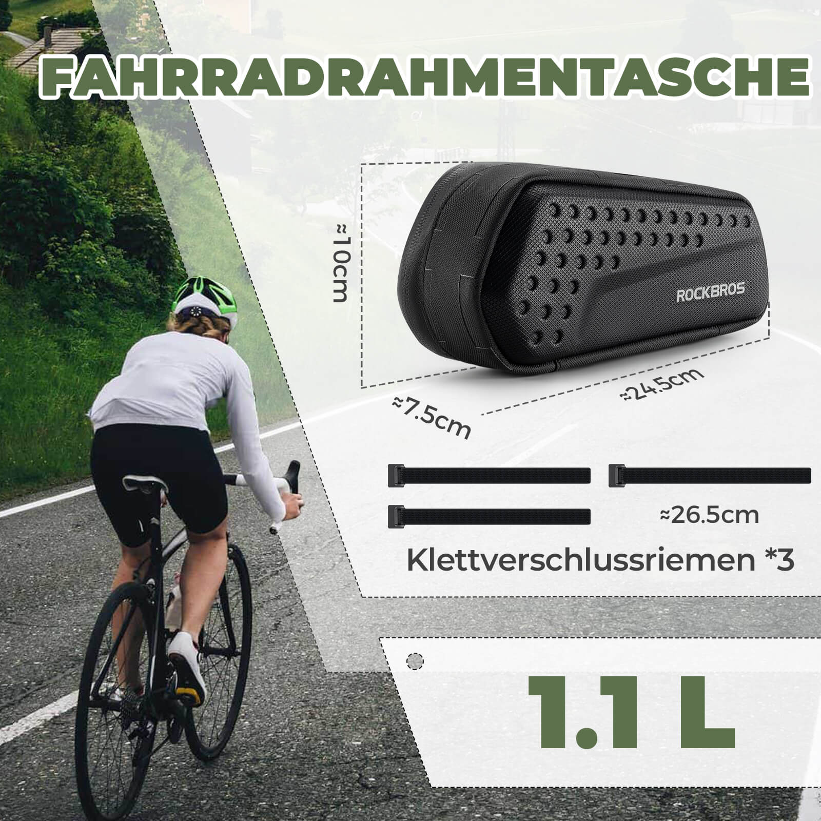 ROCKBROS Rahmentasche Fahrrad Oberrohrtasche 1,1L für MTB Rennrad Gravelbike