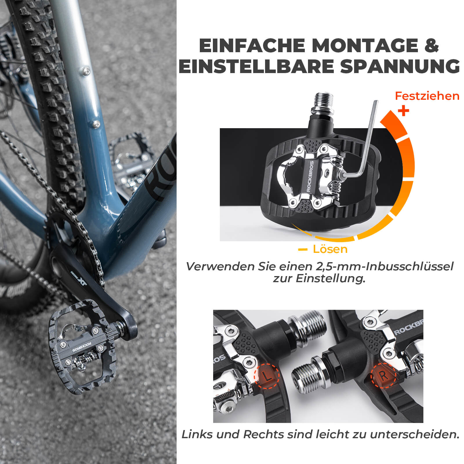 ROCKBROS SPD-Klickpedale &amp; Plattformpedale 2-in-1 – Rutschfest, Leicht, mit Cleats-Set – 9/16" Pedale für MTB, Gravel &amp; Rennrad
