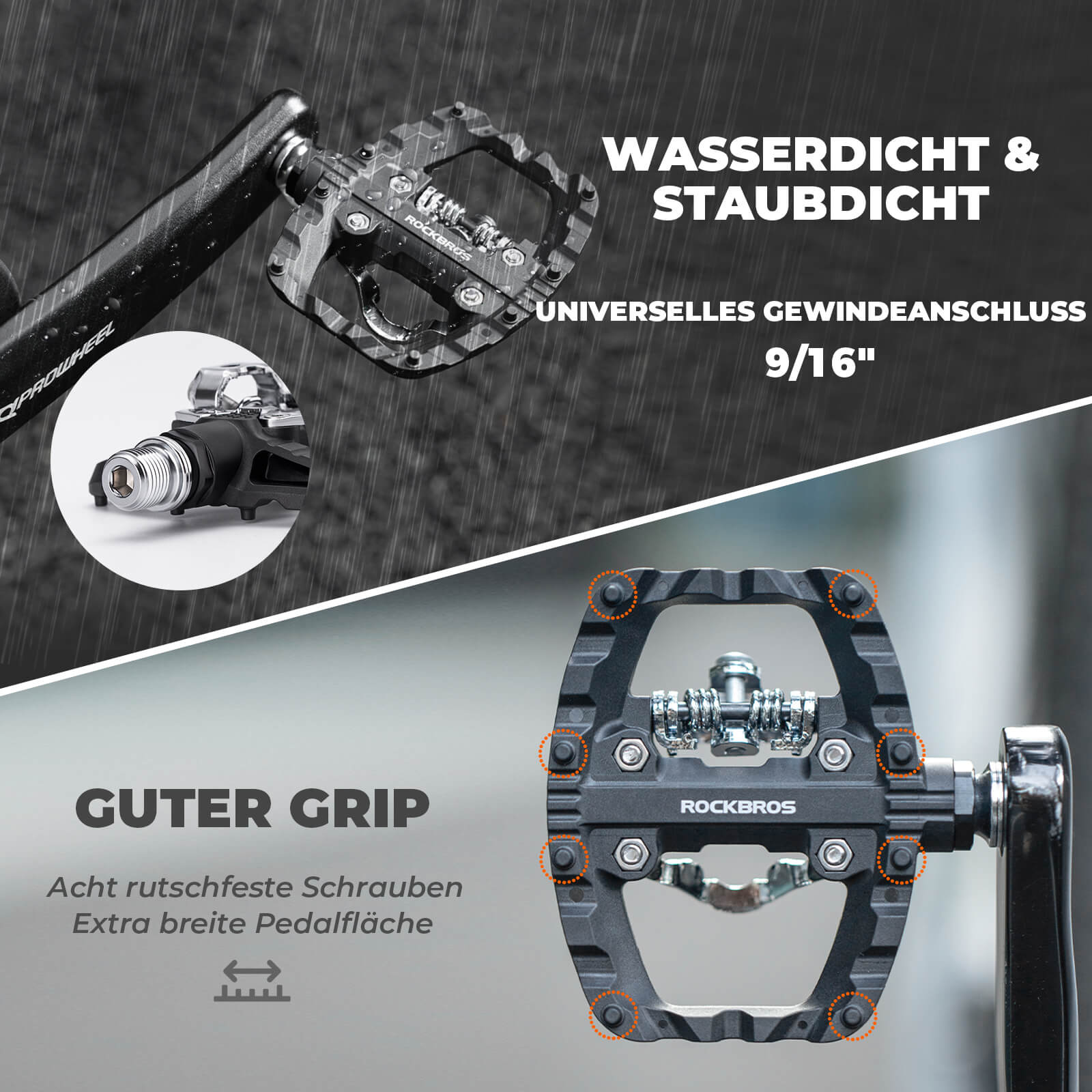 ROCKBROS SPD-Klickpedale &amp; Plattformpedale 2-in-1 – Rutschfest, Leicht, mit Cleats-Set – 9/16" Pedale für MTB, Gravel &amp; Rennrad
