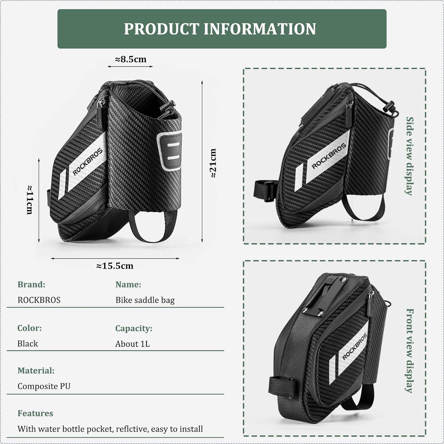 ROCKBROS Satteltasche 1L, schwarze Fahrradsitz Tasche mit integriertem Flaschenhalter für sicheren Transport und einfache Montage.