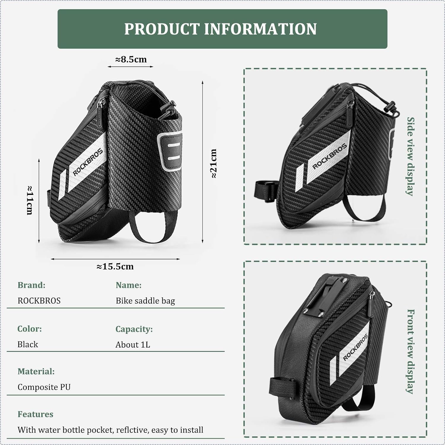 ROCKBROS Satteltasche 1L, schwarze Fahrradsitz Tasche mit integriertem Flaschenhalter für sicheren Transport und einfache Montage.