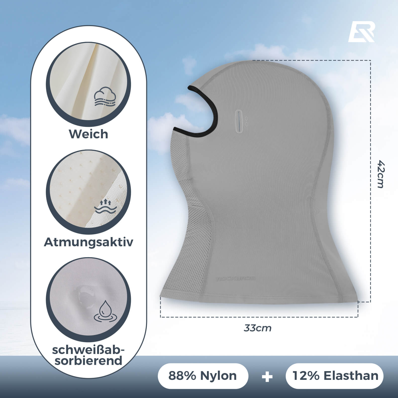 ROCKBROS Sommer Sturmhaube UPF40+ Balaclava Gesichtsmaske Schnelltrocknend-Grau