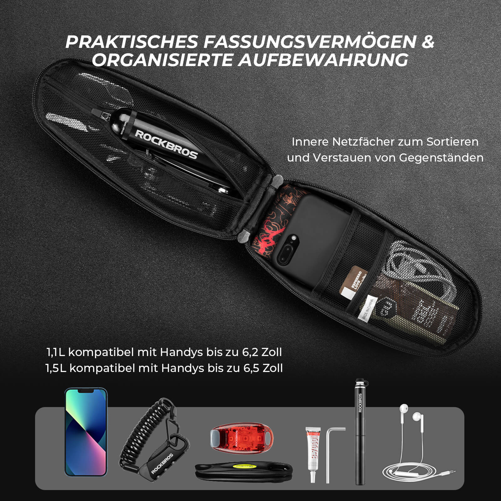 ROCKBROS Wasserdicht Oberrohrtasche Satteltasche 1L/1,5L Schwarz
