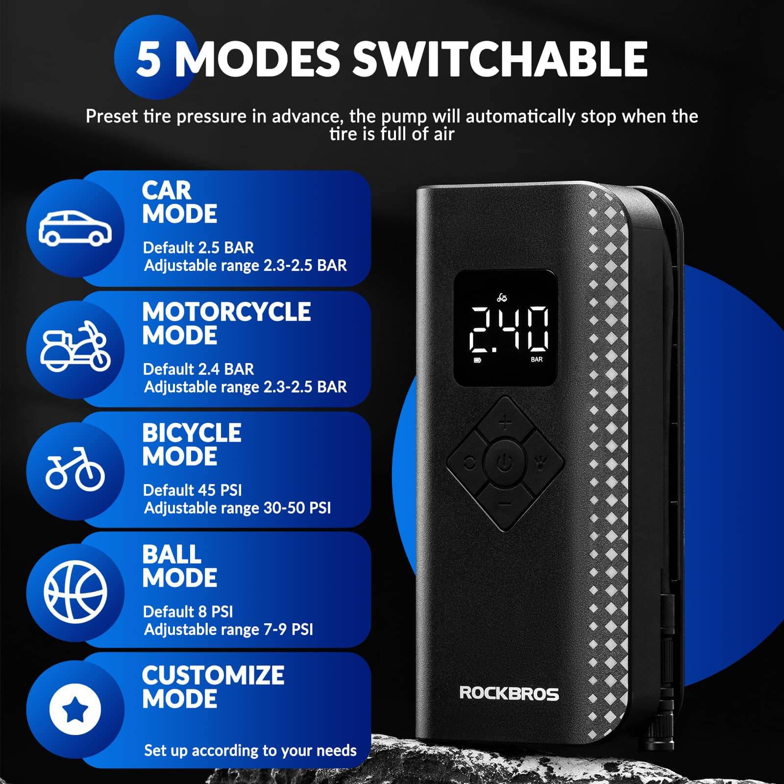 ROCKBROS Elektrische Luftpumpe Mini Fahrradpumpe 7-150PSI 2000mAh 5 Modi - ROCKBROS-EU