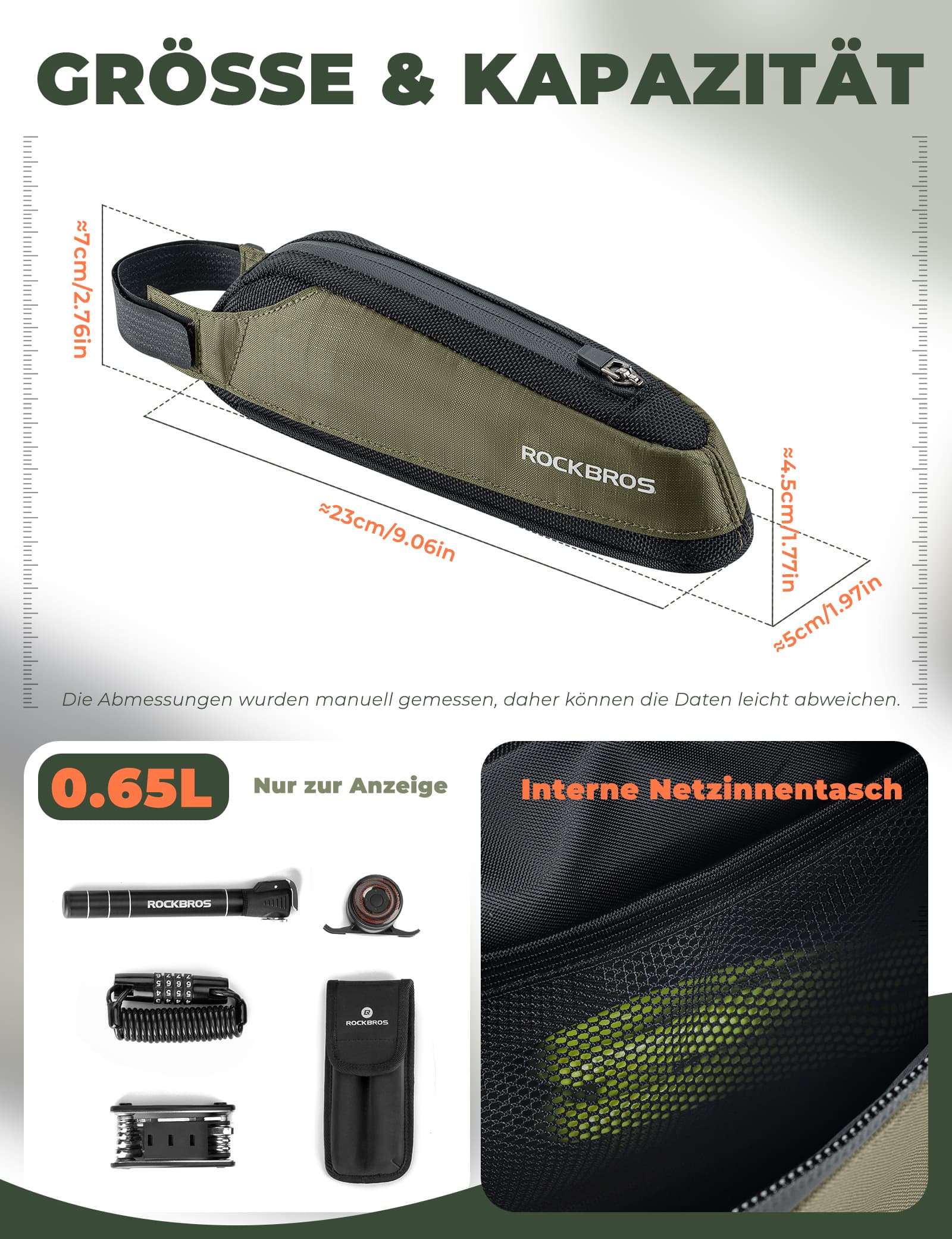 ROCKBROS Fahrradtasche Reflektierende Oberrohrtasche Dunkelgrün 0.65L - ROCKBROS-EU