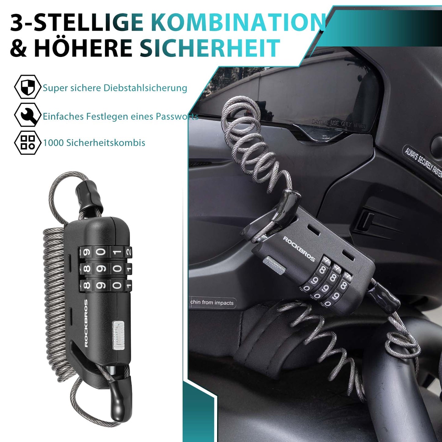 ROCKBROS Helm schloss 150 cm Zahlenschloss 3-stellig Zahlencode - ROCKBROS-EU
